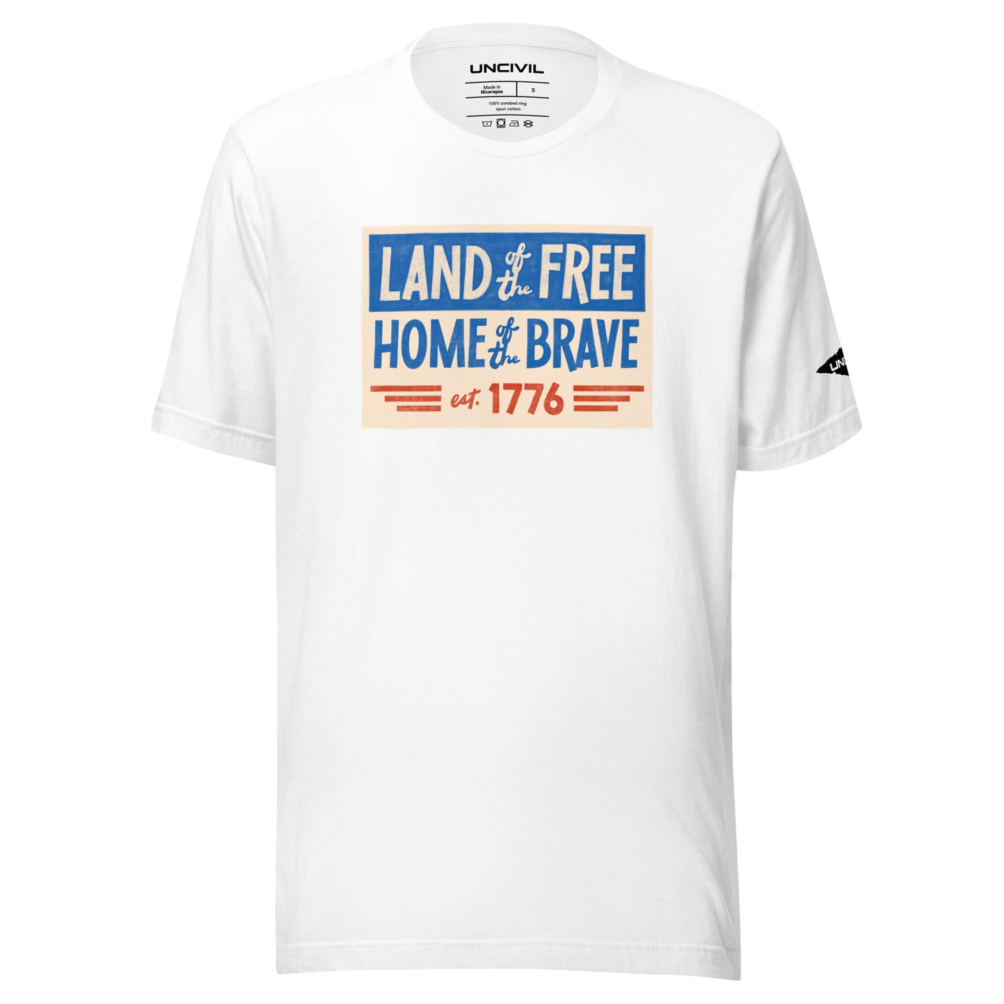 Land of the Free Home of the Brave t-shirt, white unisex patriotic shirt.