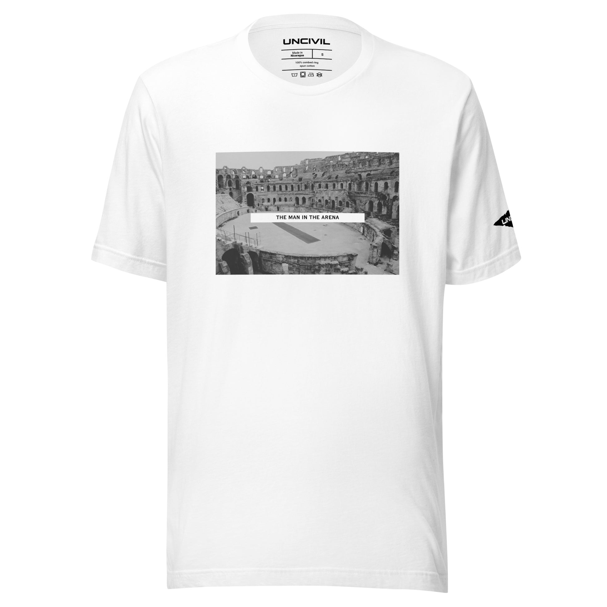 Man in the Arena t-shirt. Inspired by Theodore Roosevelt's Citizenship in a Republic speech, White graphic shirt.