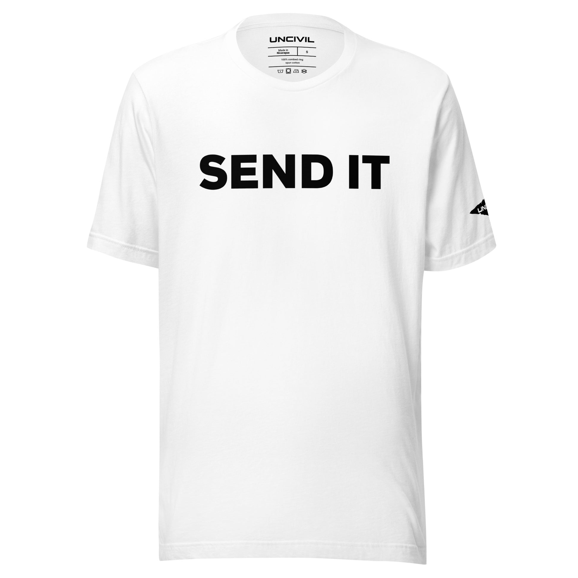 Send It is often used as an expression to indicate taking action or proceeding with a plan. White men's shirt.