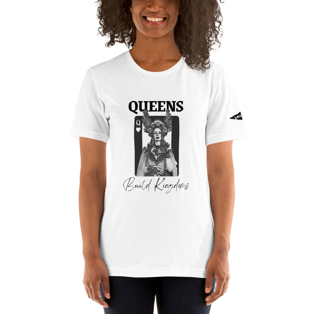 Queens Build Kingdoms white shirt featuring an angel woman and a queen of heart card.