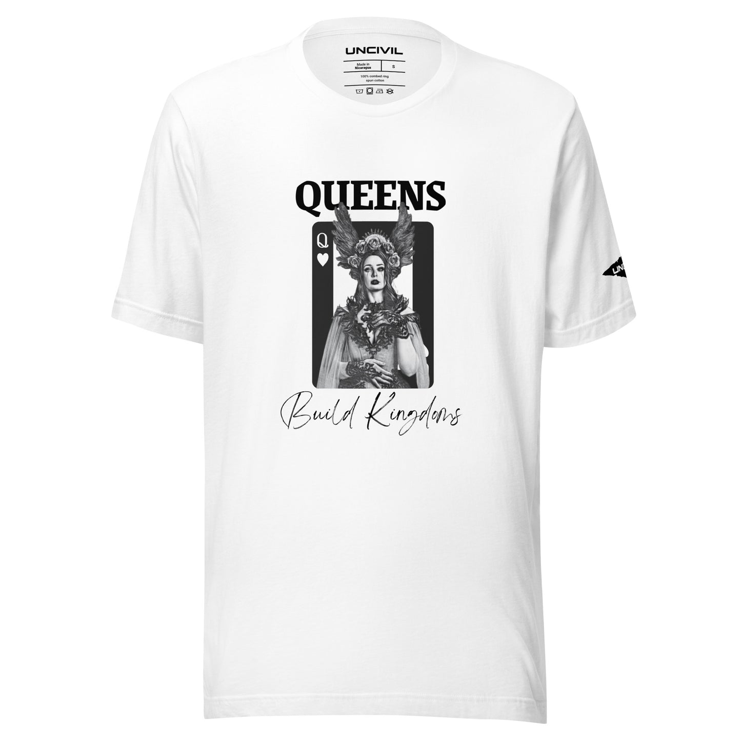 Queens Build Kingdoms white shirt featuring an angel woman and a queen of heart card.