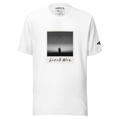 Love and War shirt. Featuring a Polaroid photo of a couple in black and white. White unisex shirt.