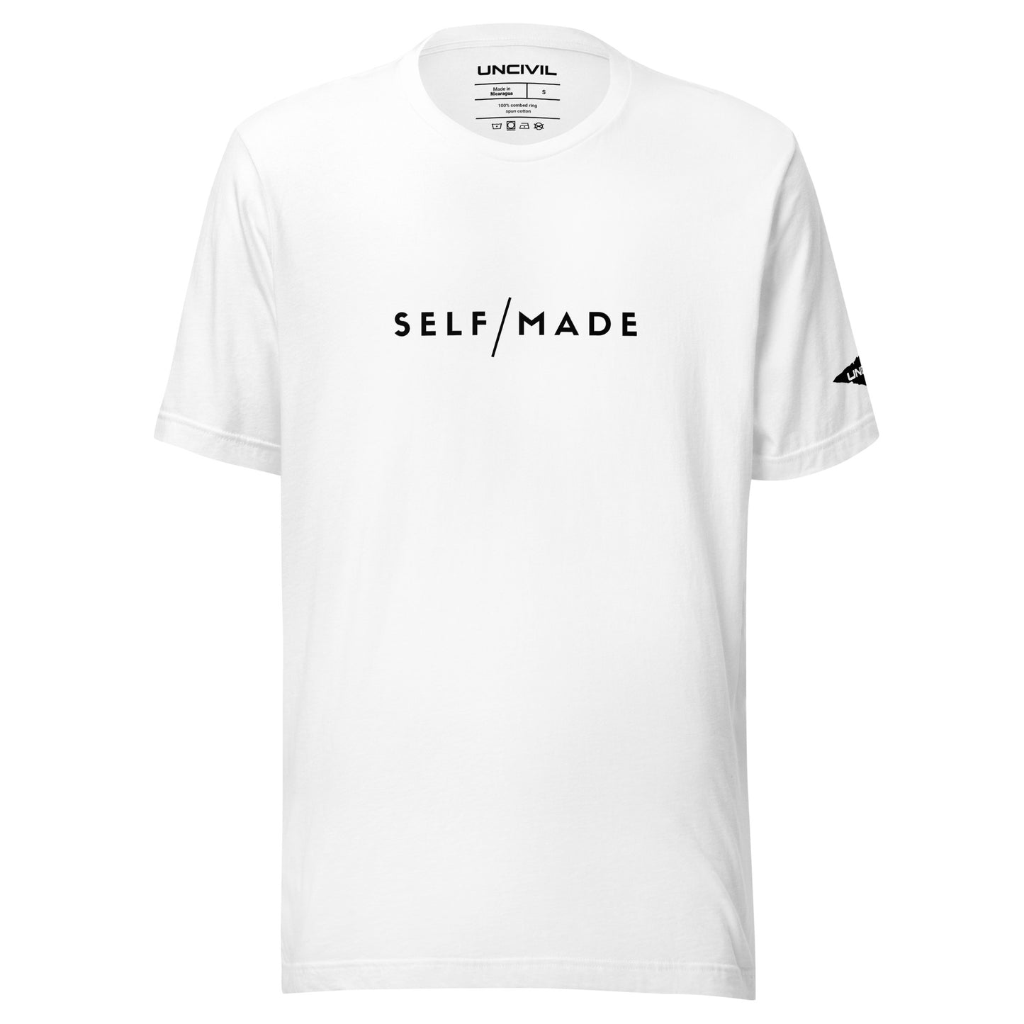Our Self/Made UNCIVIL lifestyle shirt embodies empowerment and resilience. White unisex shirt.