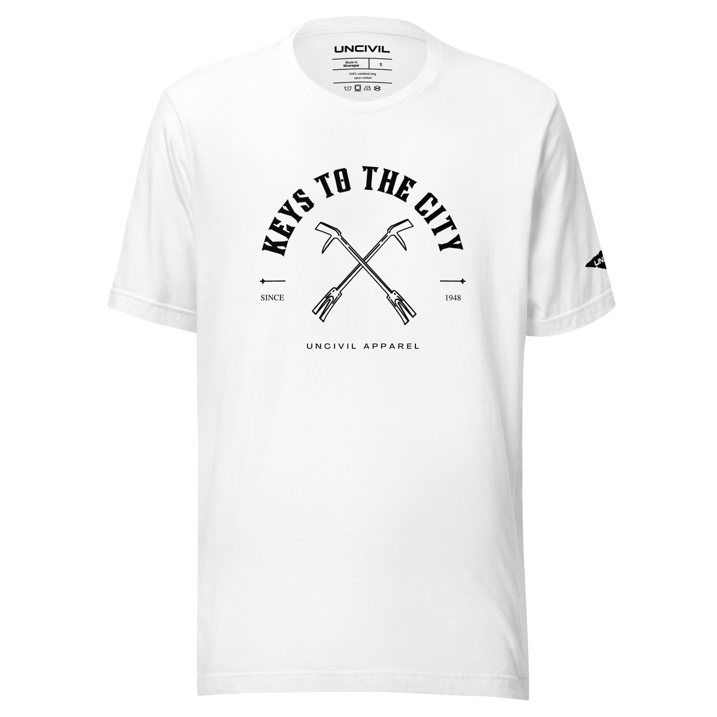 Keys to the City, Halligan Bar Design, White Unisex T-shirt for Firefighters