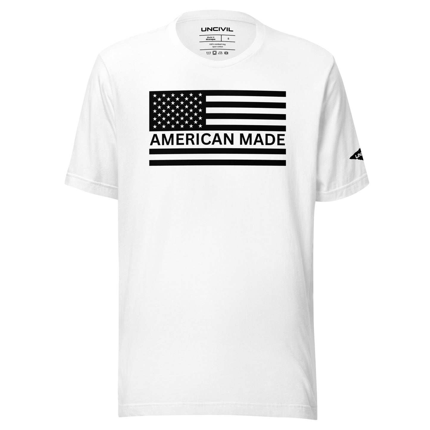 American Made Patriotic t-shirt. White Unisex shirt with American Flag.