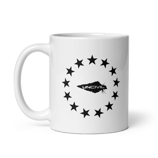 Betsy Ross coffee mug with UNCIVIL spear. 