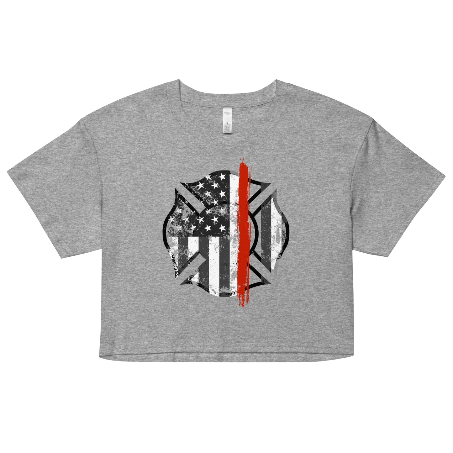 Back the Red women's crop top. Firefighter Thin Red Line shirt in light heather grey.