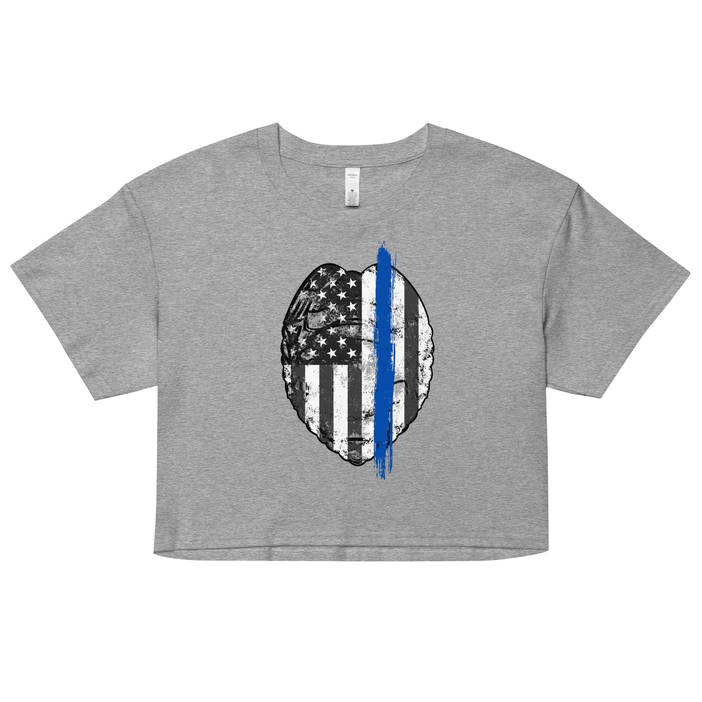 Back the Blue Women's Crop Top. Law Enforcement Thin Blue Line shirt in heather grey.