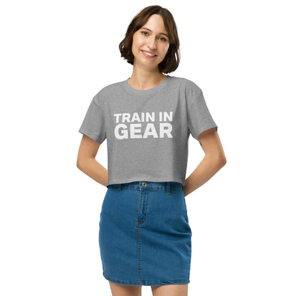 Train in Gear Women's firefighter and military crop top. Athletic Heather Grey and white.