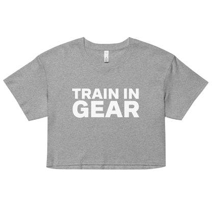 Train in Gear Women's firefighter and military crop top. Athletic heather grey and white.