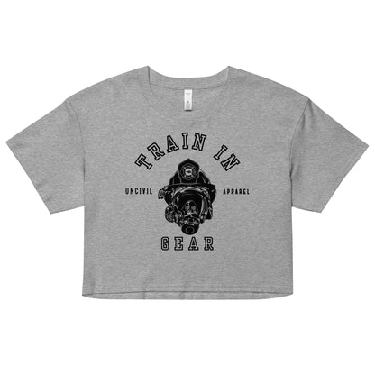 Train in Gear UNCIVIL Graphic women's firefighter crop top, heather grey.