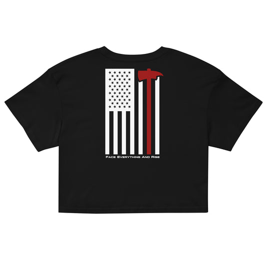 Face Everything & Rise UNCIVIL Firefighter Women's Crop Top with American Flag and Fireman's Axe - Black