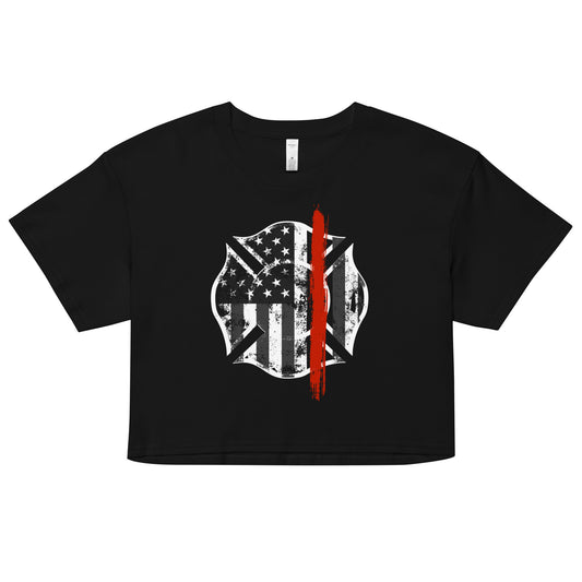 Back the Red women's crop top. Firefighter Thin Red Line shirt in black.