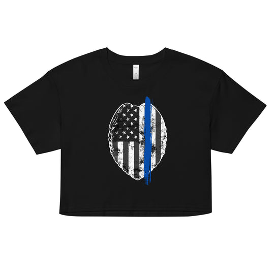 Back the Blue Women's Crop Top. Law Enforcement Thin Blue Line shirt in black.