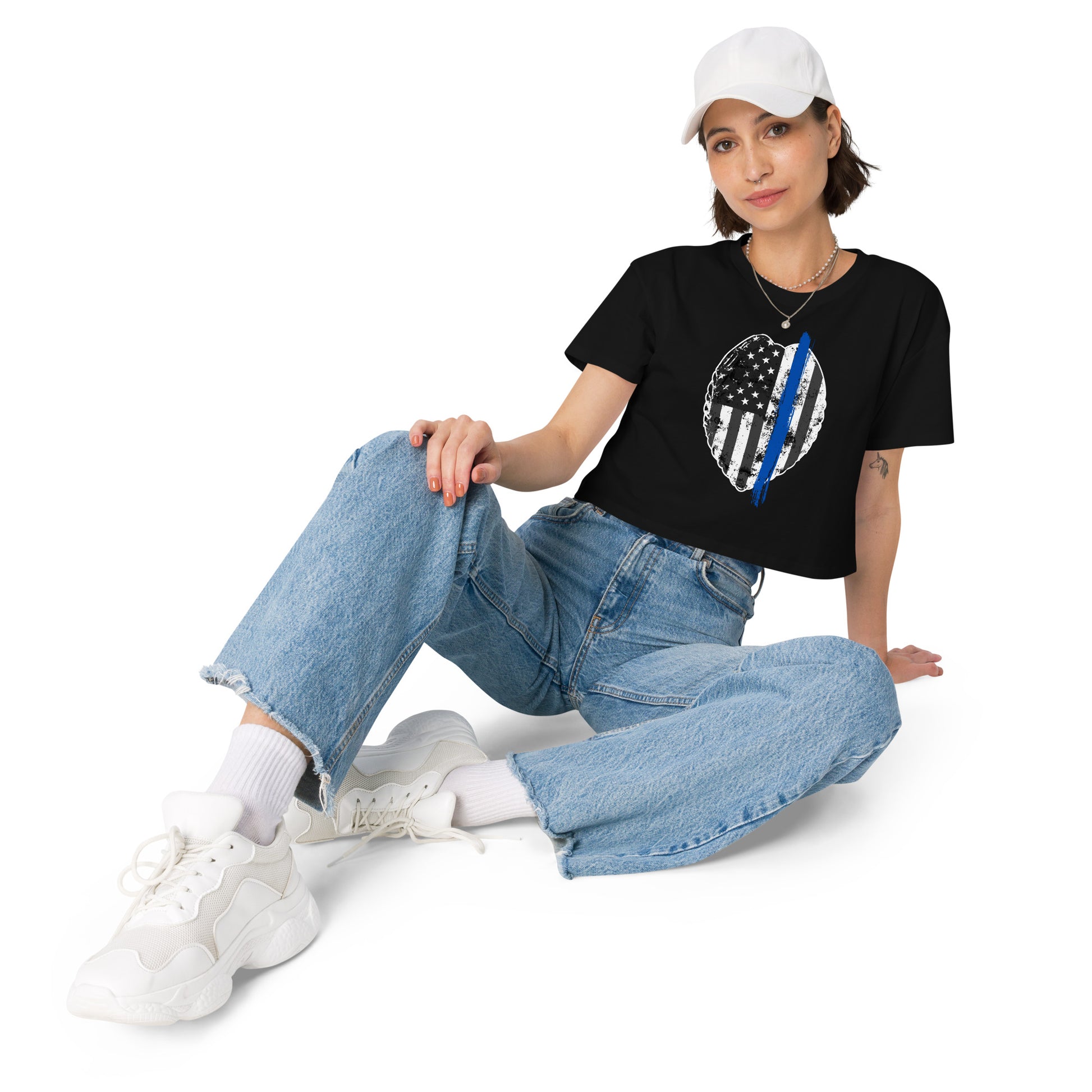 Back the Blue Women's Crop Top. Law Enforcement Thin Blue Line shirt in black.