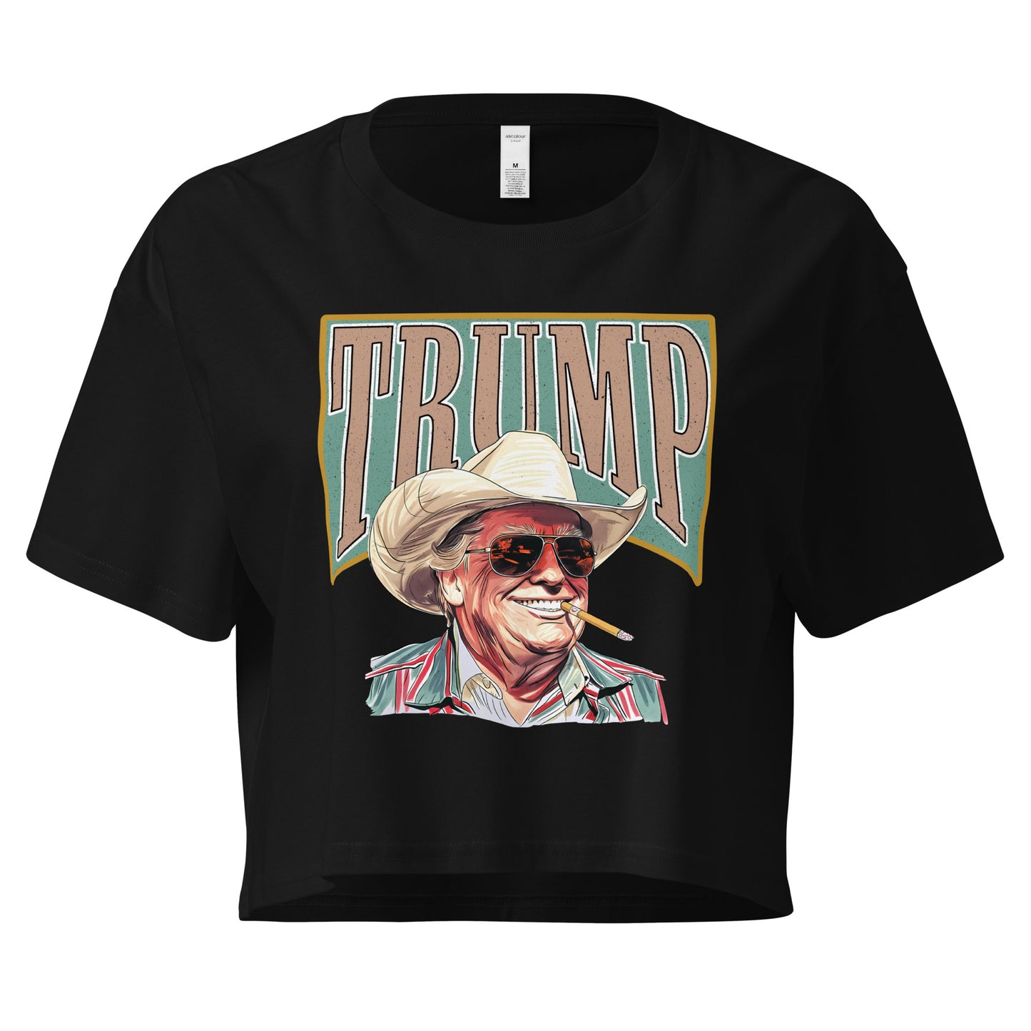 Black American Outlaw Trump women's crop top featuring President Trump wearing a cowboy hat and glasses