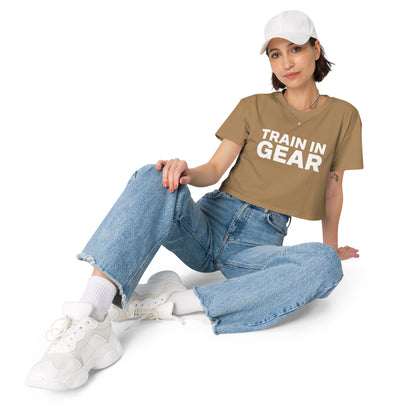 Train in Gear Women's firefighter and military crop top. Camel and white.