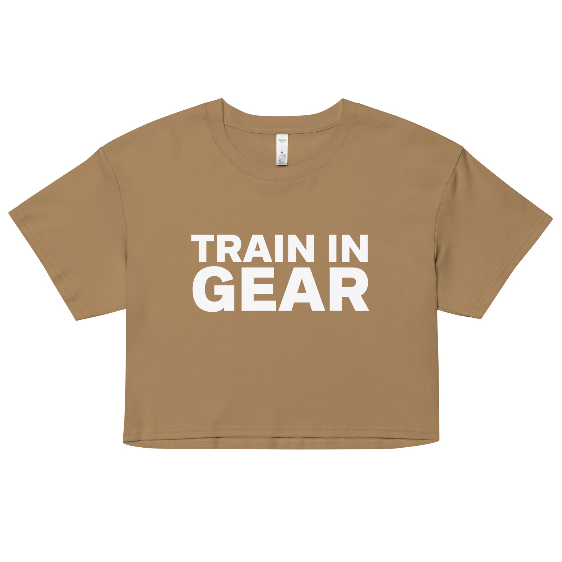 Train in Gear Women's firefighter and military crop top. Camel and white.