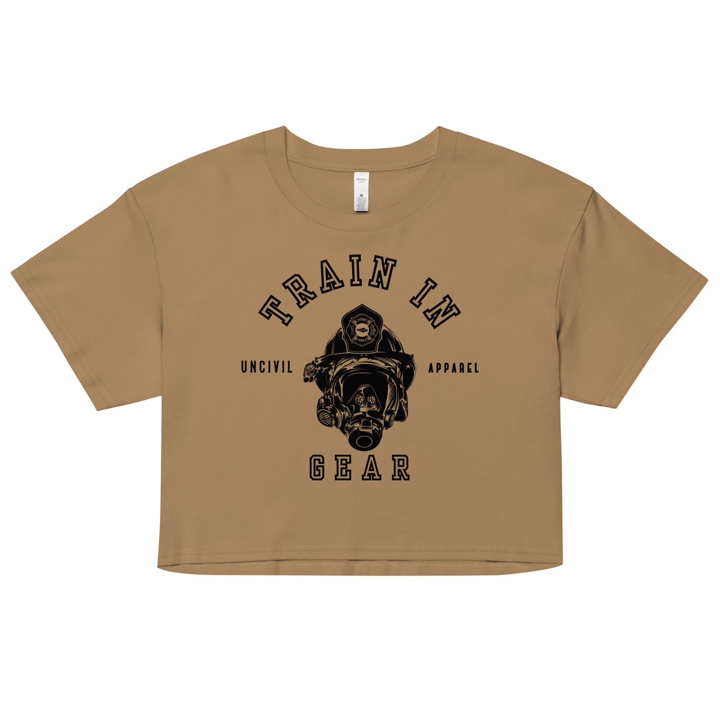 Train in Gear UNCIVIL Graphic women's firefighter crop top, camel color.