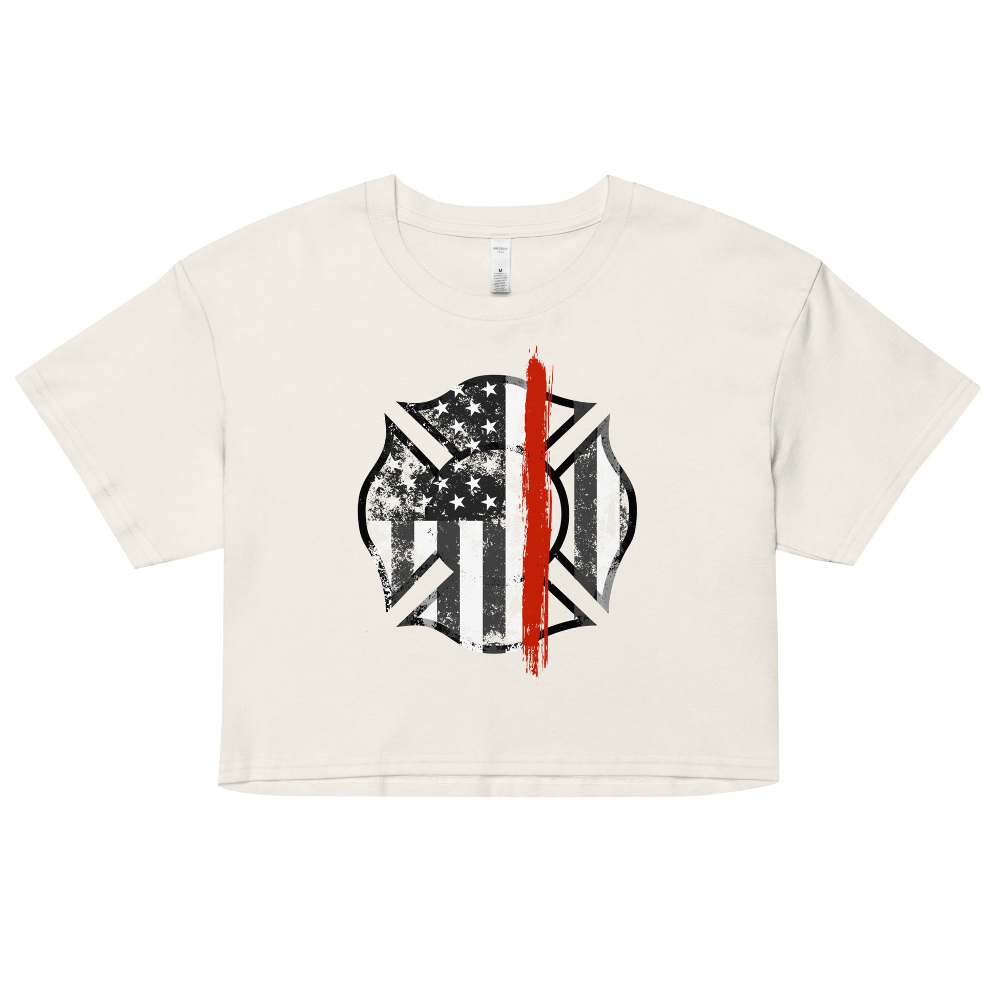 Back the Red women's crop top. Firefighter Thin Red Line shirt in off-white.