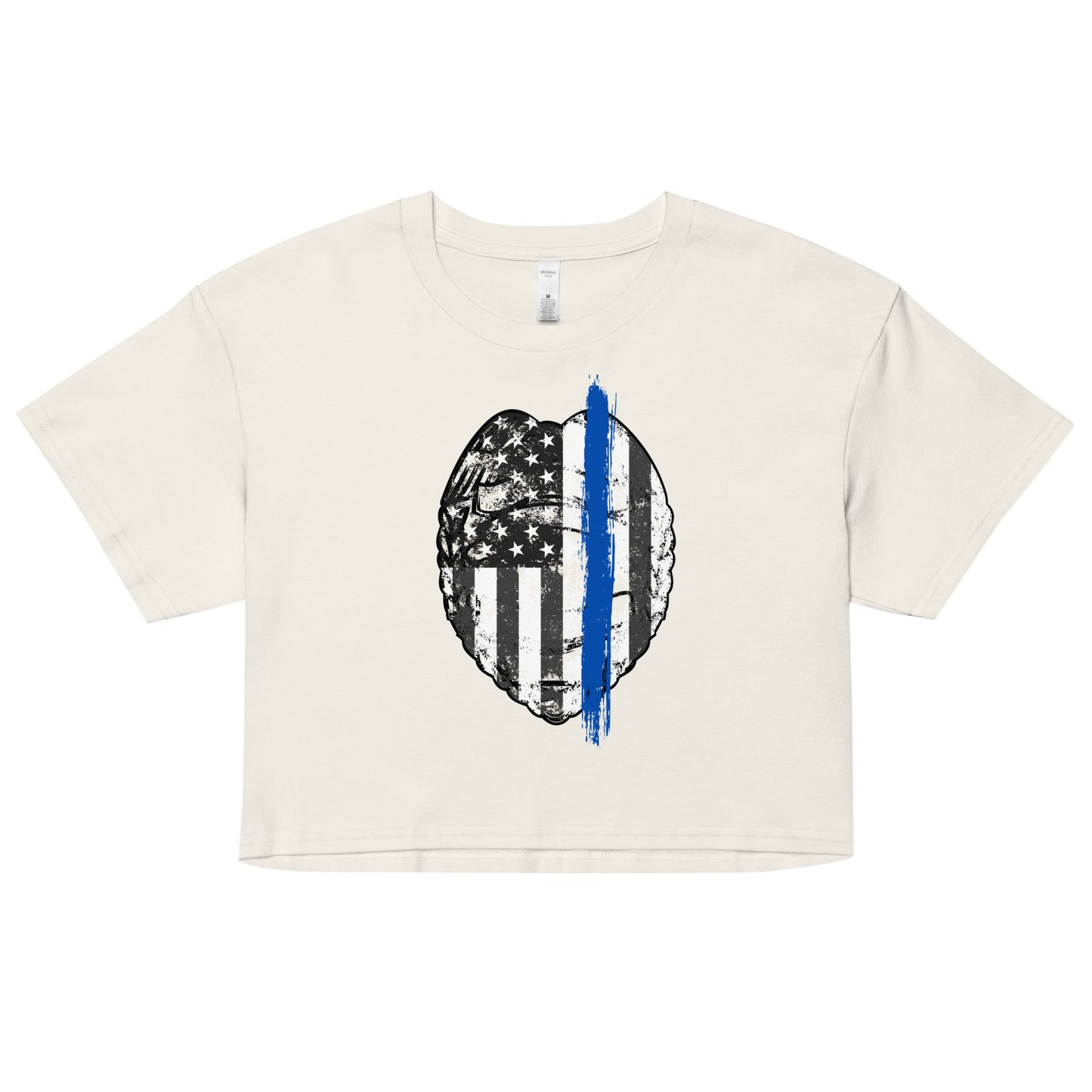 Back the Blue Women's Crop Top. Law Enforcement Thin Blue Line shirt in off white.