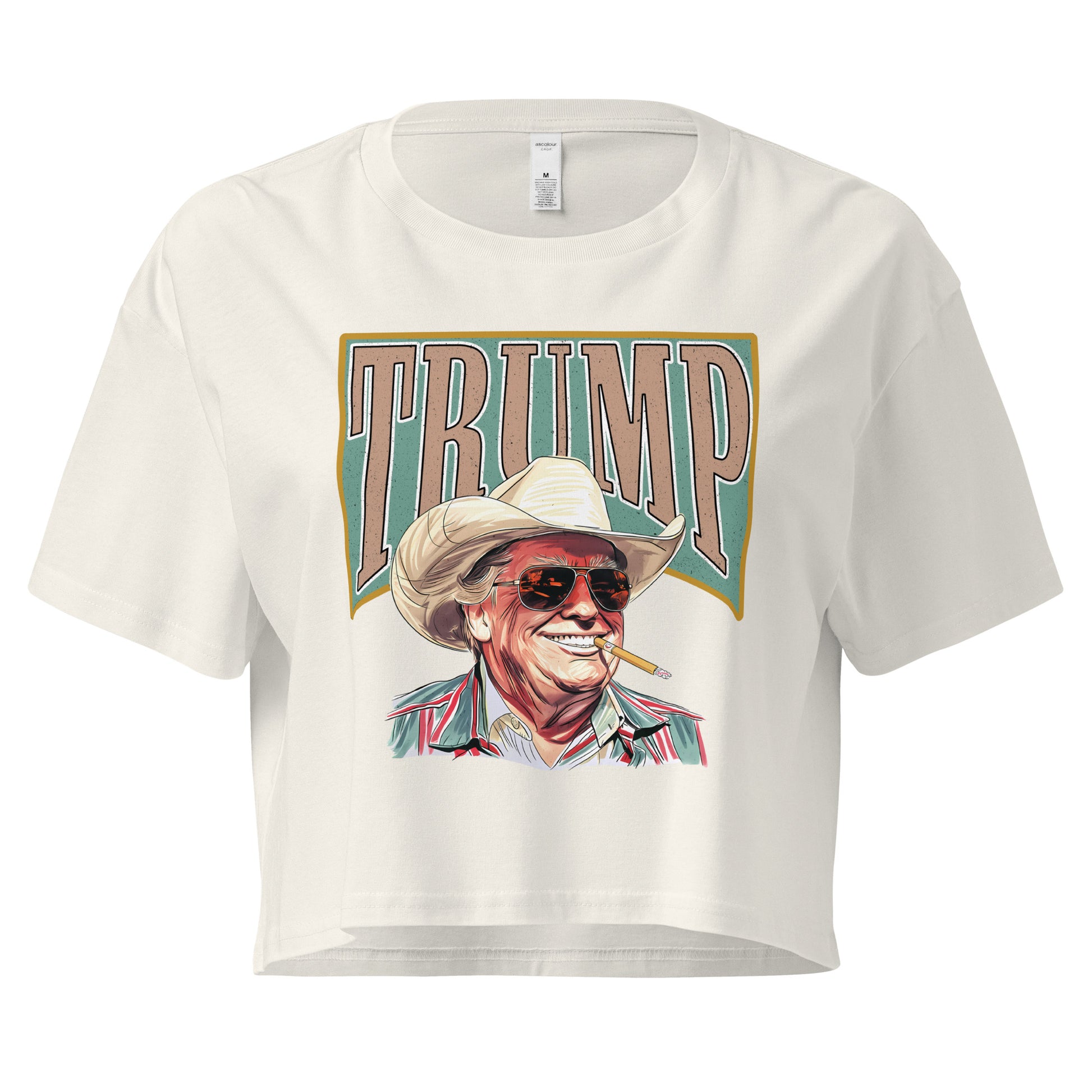 Natural American Outlaw Trump women's crop top featuring President Trump wearing a cowboy hat and glasses