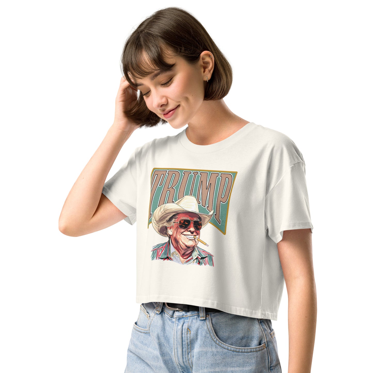 Natural American Outlaw Trump women's crop top featuring President Trump wearing a cowboy hat and glasses