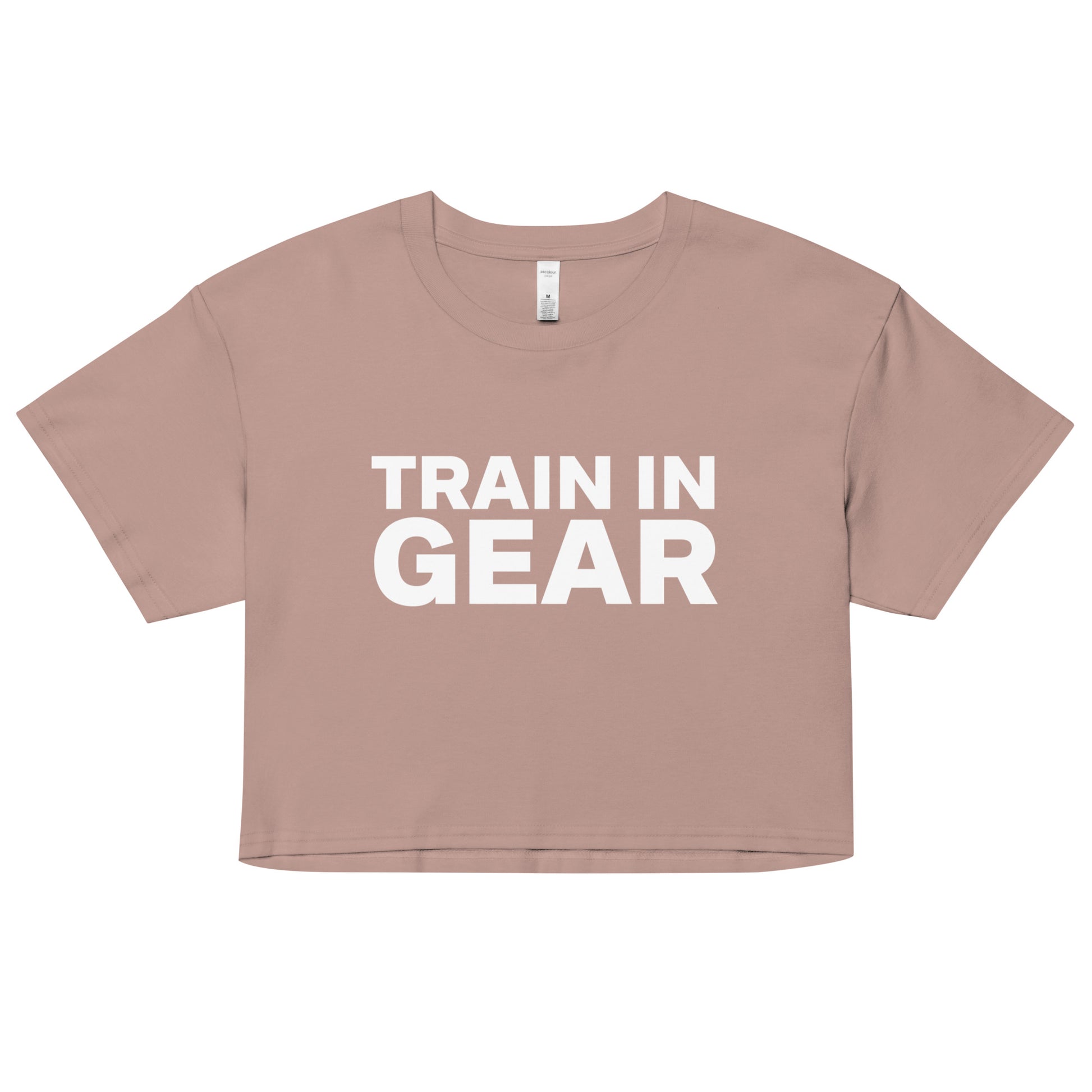 Train in Gear Women's firefighter and military crop top. Hazy Pink and white.