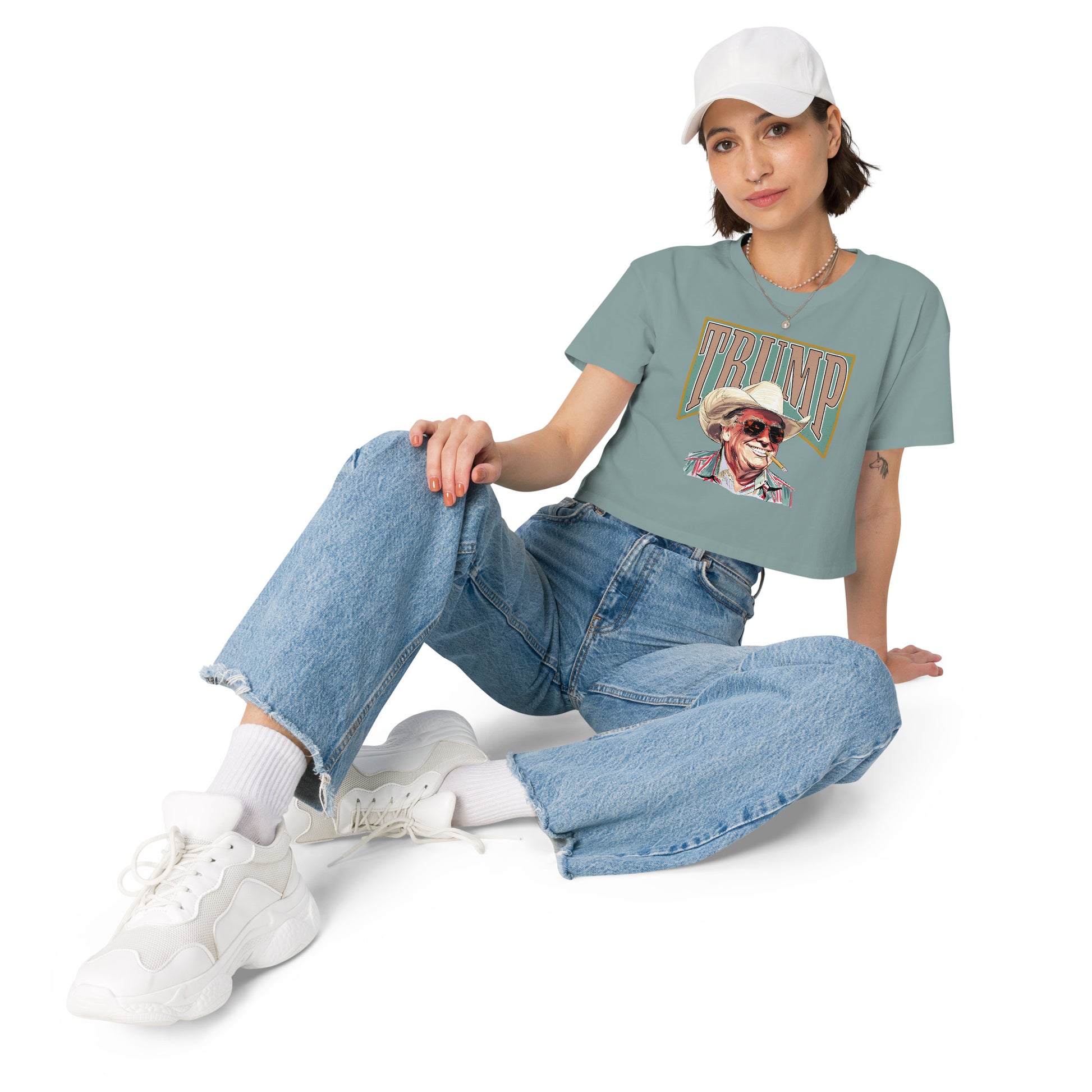 Light Teal American Outlaw Trump women's crop top featuring President Trump wearing a cowboy hat and glasses