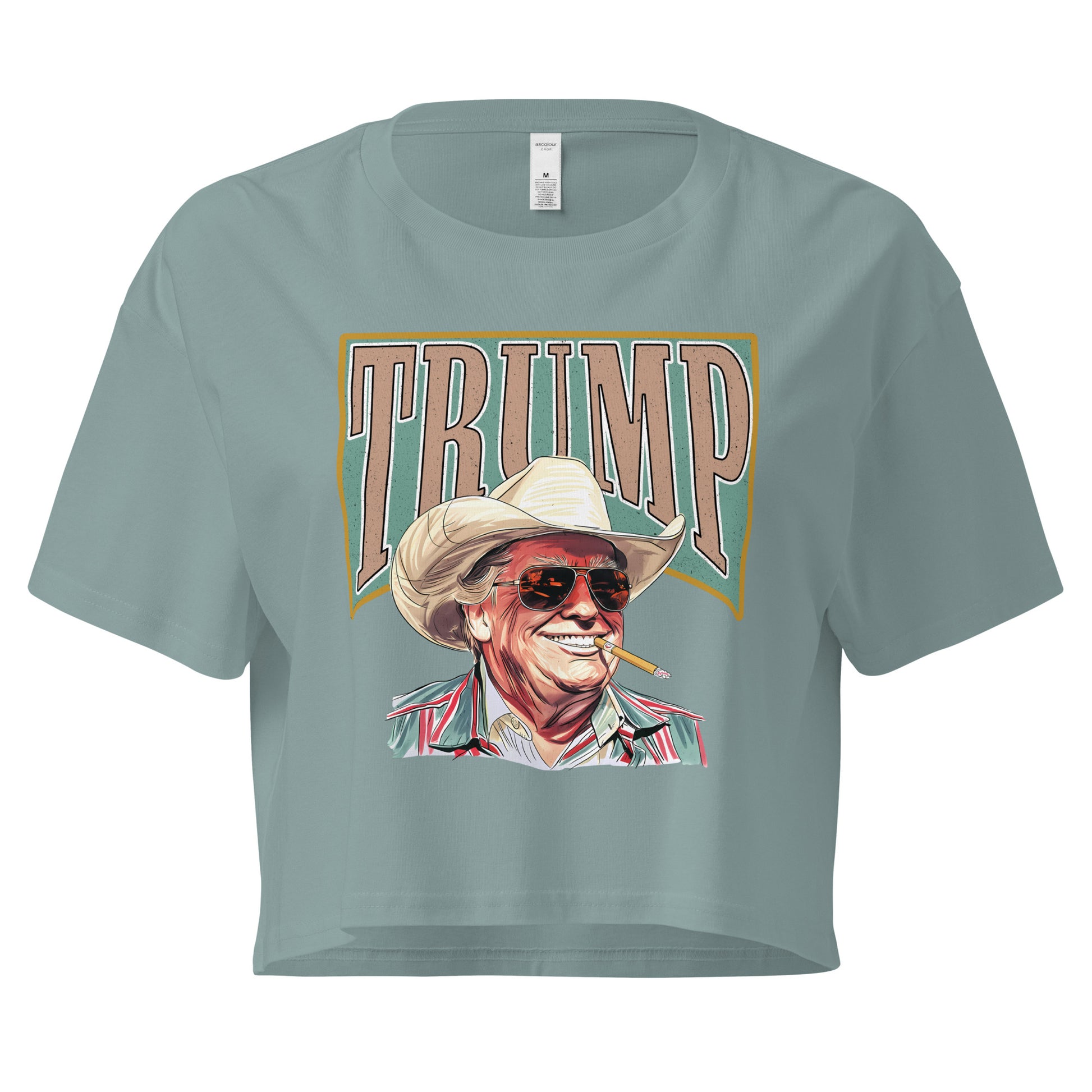 Light Teal American Outlaw Trump women's crop top featuring President Trump wearing a cowboy hat and glasses