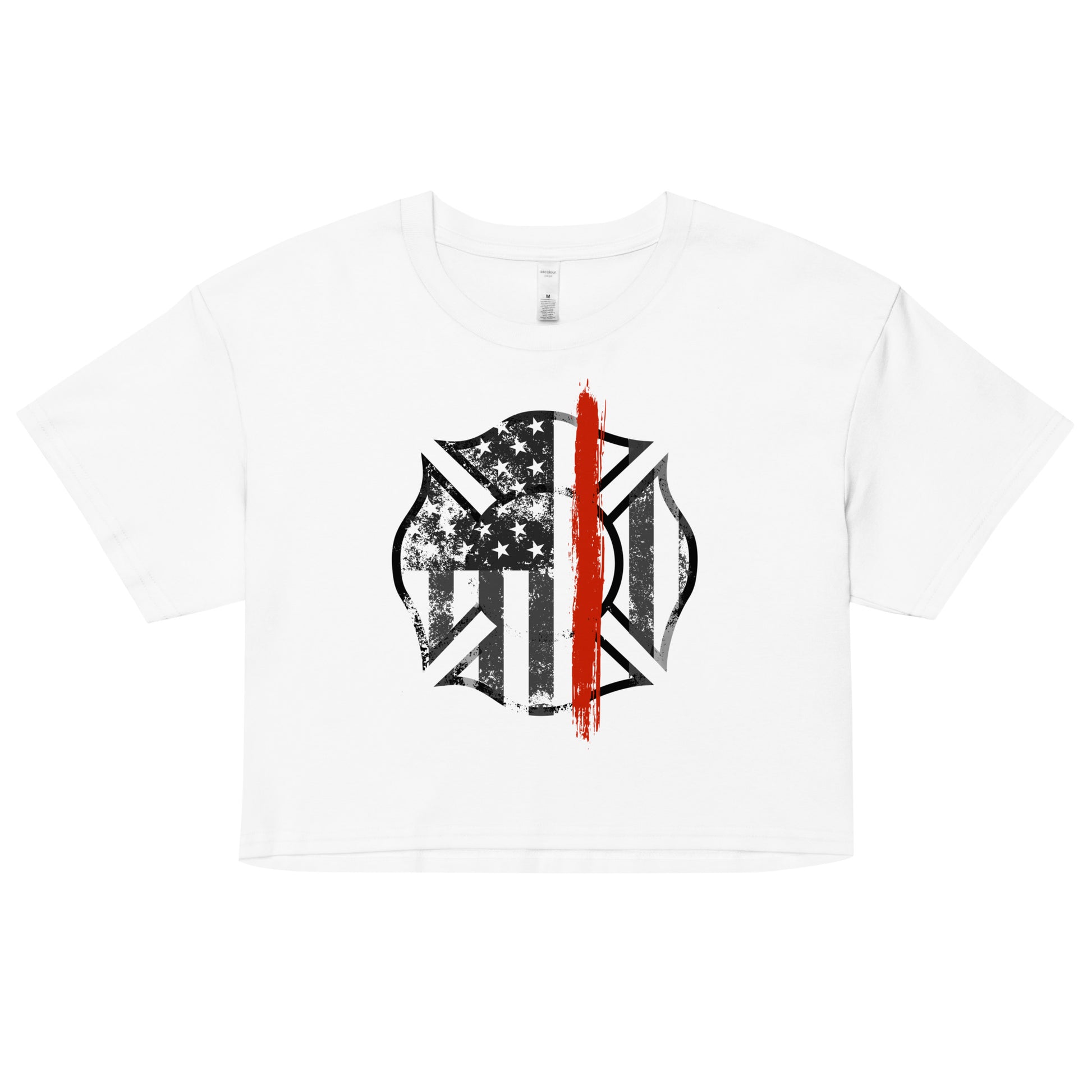 Back the Red women's crop top. Firefighter Thin Red Line shirt in white.