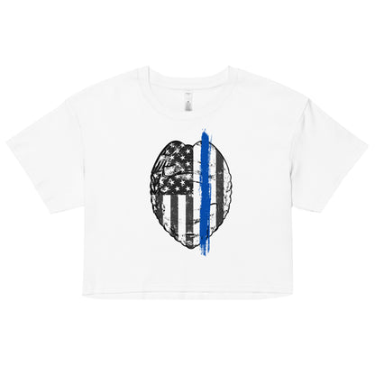 Back the Blue Women's Crop Top. Law Enforcement Thin Blue Line shirt in white.