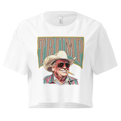 White American Outlaw Trump women's crop top featuring President Trump wearing a cowboy hat and glasses