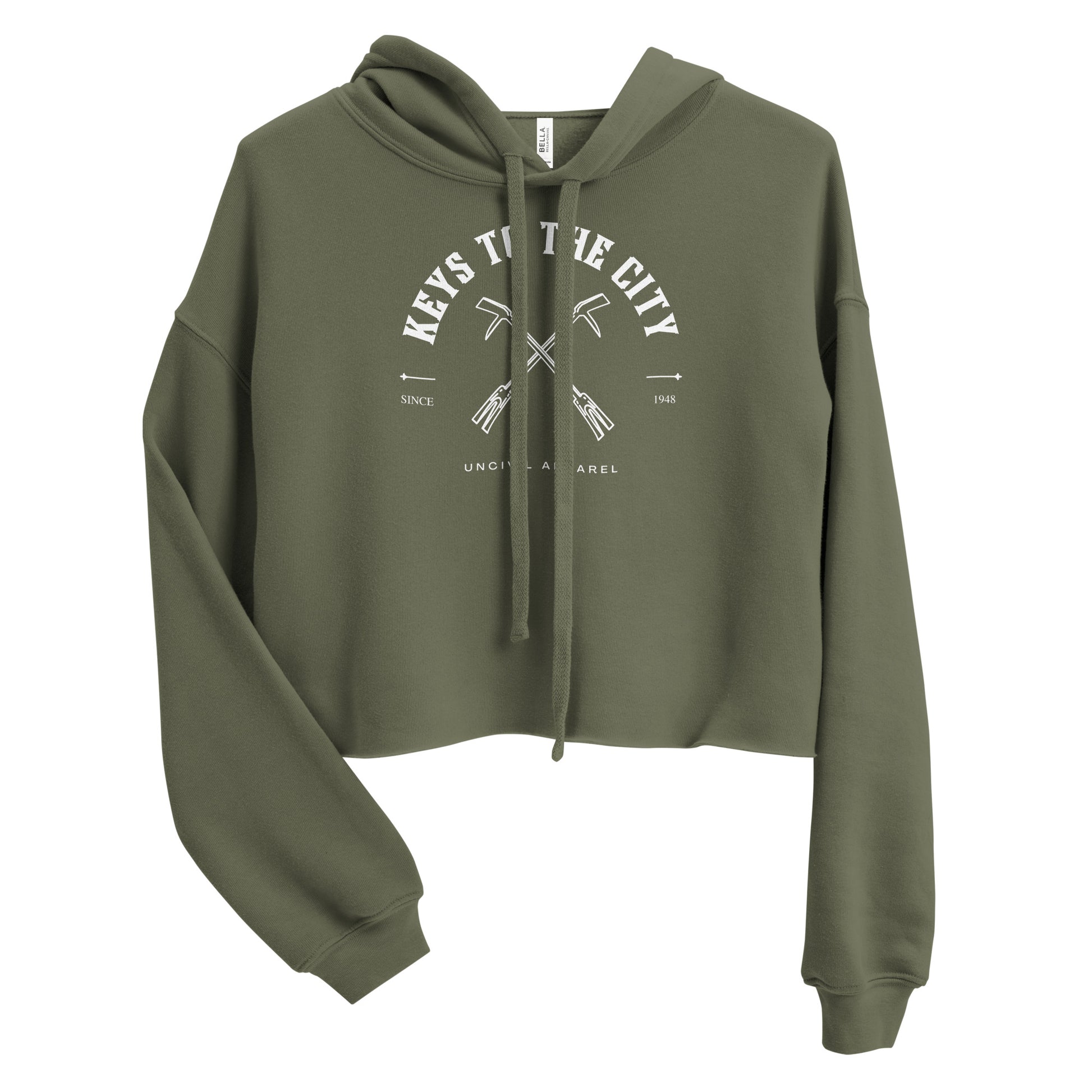 Keys to the City Halligan Firefighter Women's Crop Hoodie, Army Green sweater.
