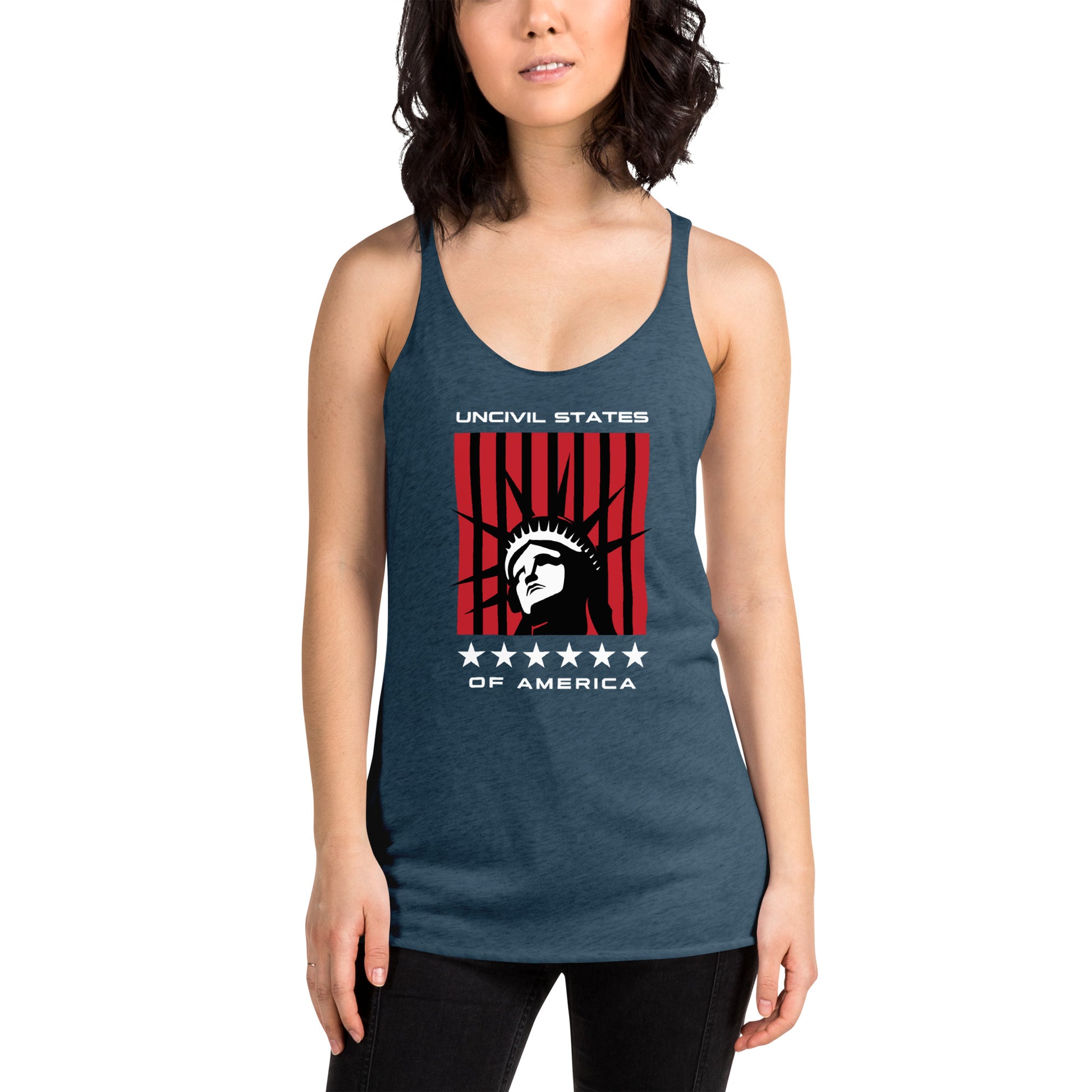 Disrupt the ordinary with our UNCIVIL States of America racerback tank - a soft, lightweight, and form-fitting with a flattering cut and raw edge seams for an edgy touch. Vintage Blue women's tank top.