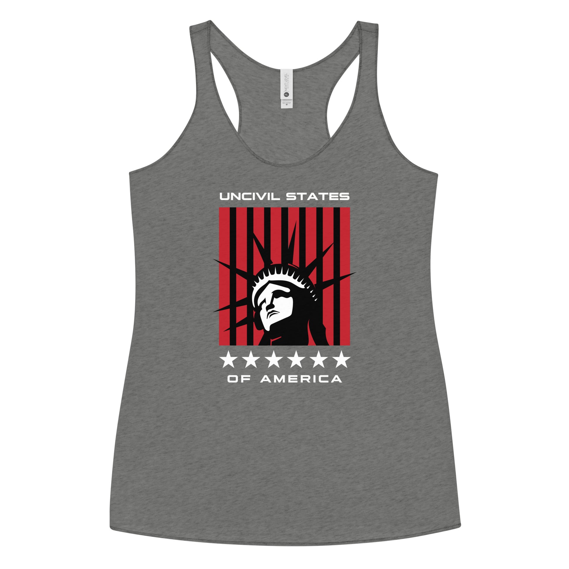 Disrupt the ordinary with our UNCIVIL States of America racerback tank - a soft, lightweight, and form-fitting with a flattering cut and raw edge seams for an edgy touch. Grey women's tank top.