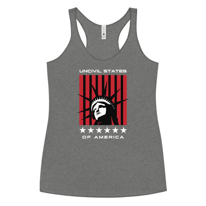 Disrupt the ordinary with our UNCIVIL States of America racerback tank - a soft, lightweight, and form-fitting with a flattering cut and raw edge seams for an edgy touch. Grey women's tank top.