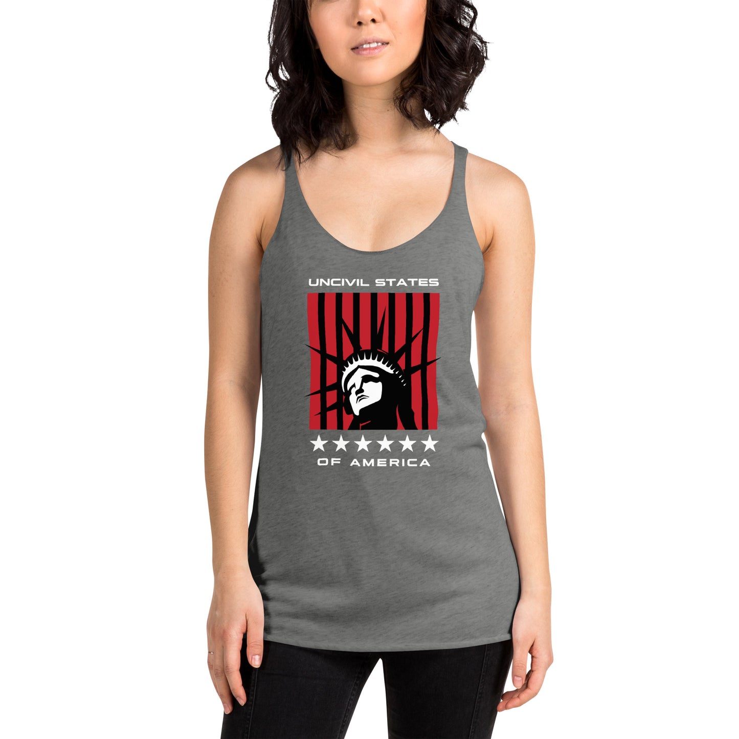 Disrupt the ordinary with our UNCIVIL States of America racerback tank - a soft, lightweight, and form-fitting with a flattering cut and raw edge seams for an edgy touch. Vintage Grey women's tank top.