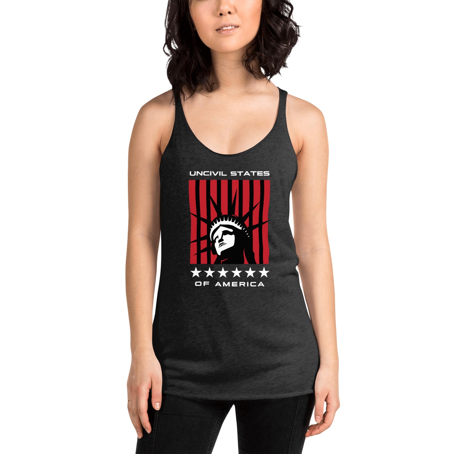 Disrupt the ordinary with our UNCIVIL States of America racerback tank - a soft, lightweight, and form-fitting with a flattering cut and raw edge seams for an edgy touch. Vintage Black women's tank top.