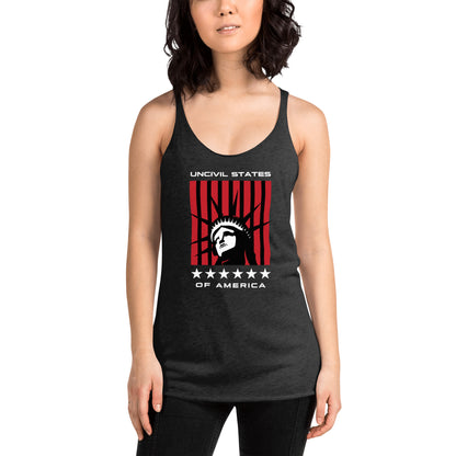 Disrupt the ordinary with our UNCIVIL States of America racerback tank - a soft, lightweight, and form-fitting with a flattering cut and raw edge seams for an edgy touch. Vintage Black women's tank top.