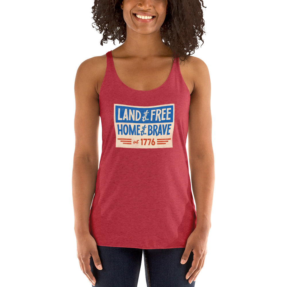 Land of the Free Home of the Brave UNCIVIL women's racerback Tank top, vintage red.