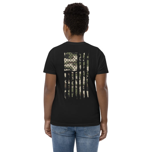 Black Patriotic Kids shirt. Let your young patriots show their love for America with our Youth Camo UNCIVIL Flag Tee featuring an American flag with an army overlay.