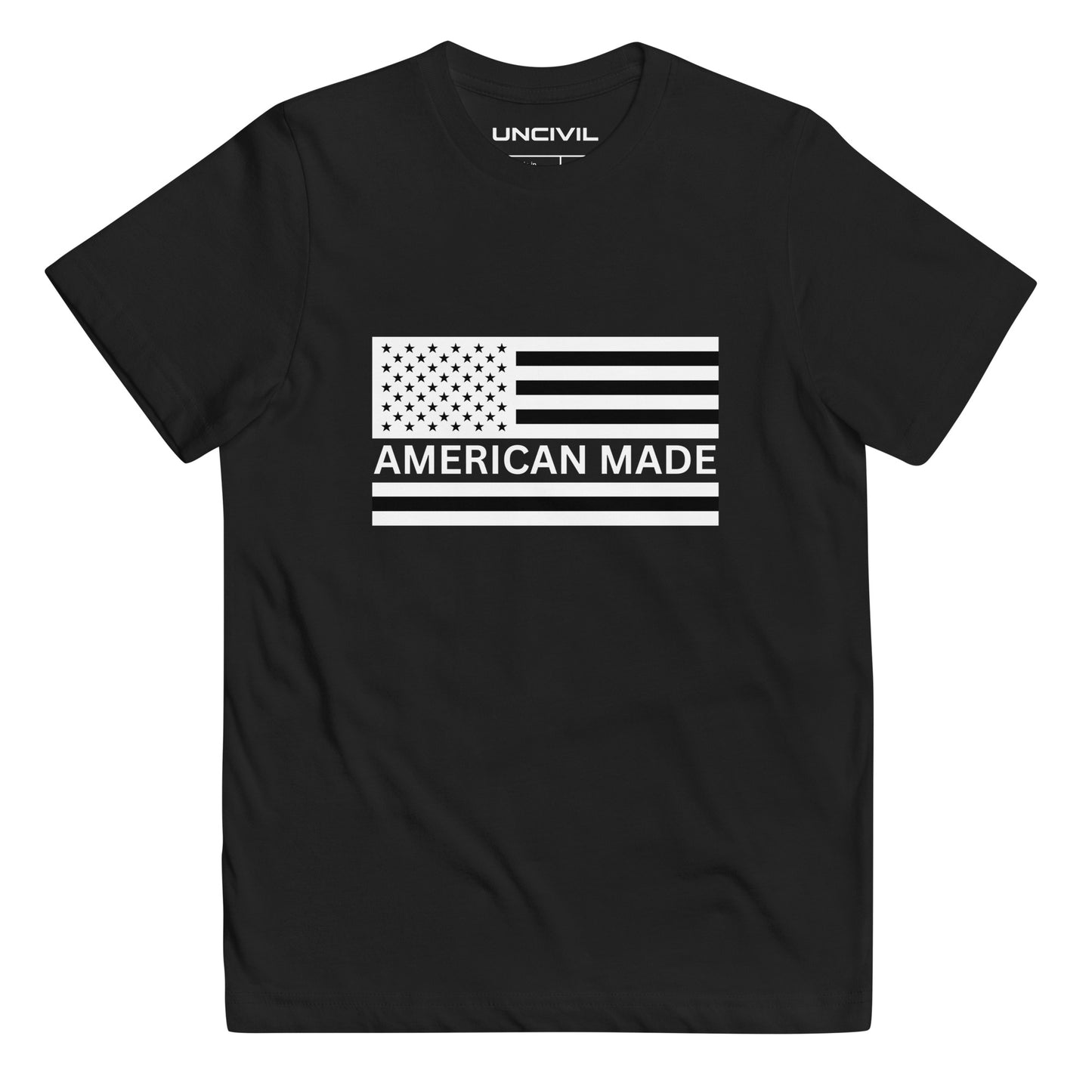 Let your young patriots show their love for America with our American Made Youth UNCIVIL Tee. This tee features a bold American flag graphic that will showcase your child's patriotism and support for American values.