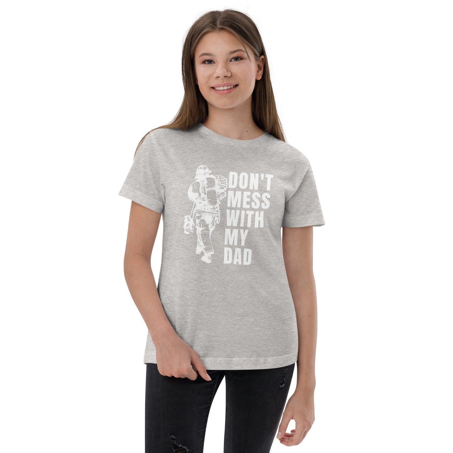 Kids Don't Mess with my Dad, Firefighter shirt. Light Grey youth shirt.