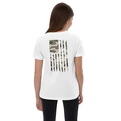 White Patriotic Kids shirt. Let your young patriots show their love for America with our Youth Camo UNCIVIL Flag Tee featuring an American flag with an army overlay.