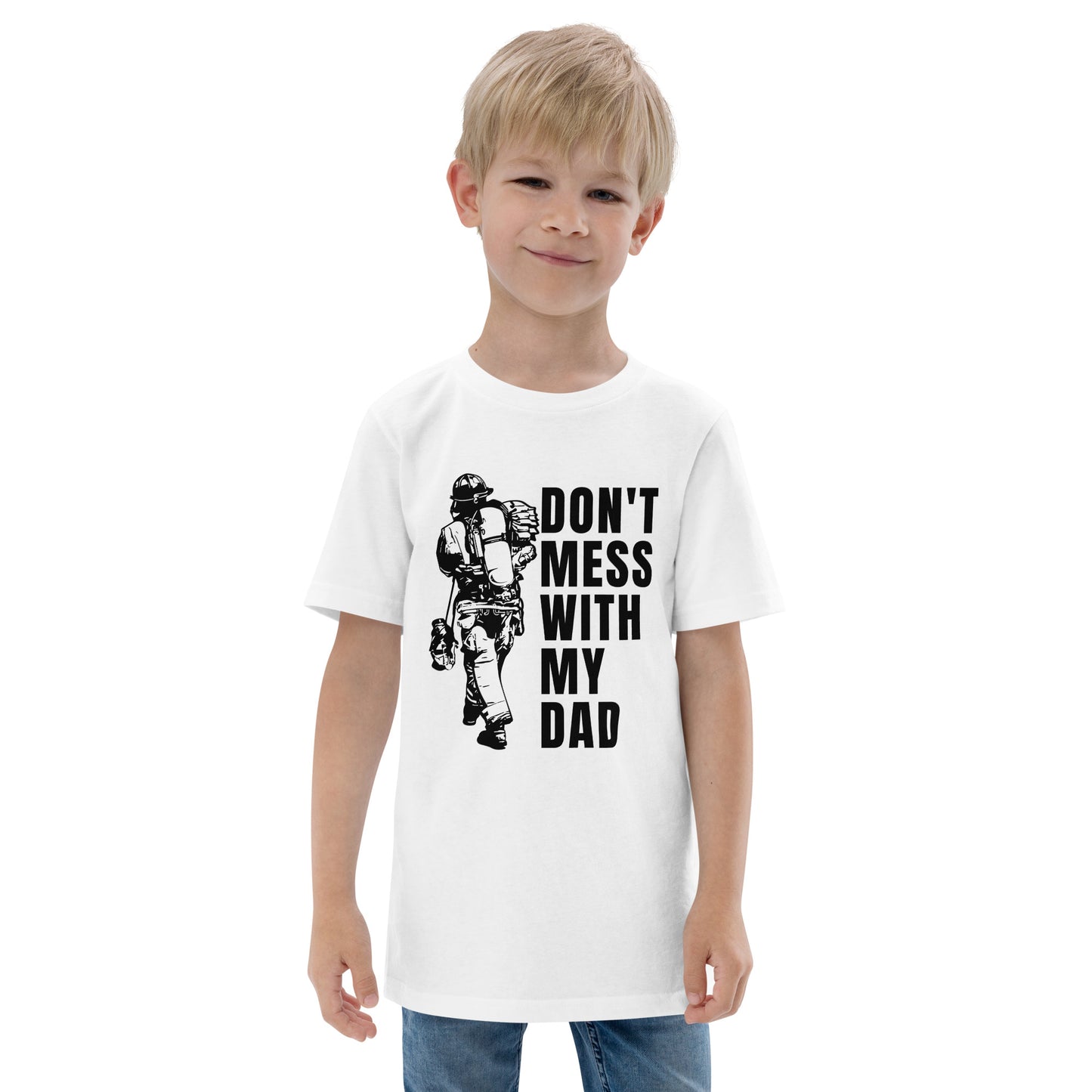 Kids Don't Mess with my Dad, Firefighter shirt. White youth shirt.