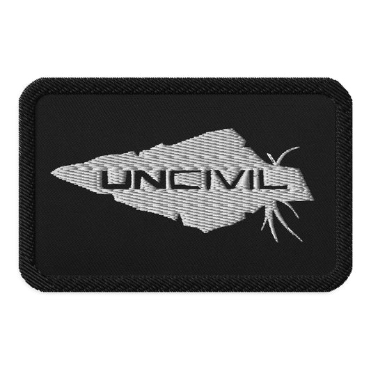 UNCIVIL Black & Silver Embroidered Patch. iron-on, sew-on, or safety pin.