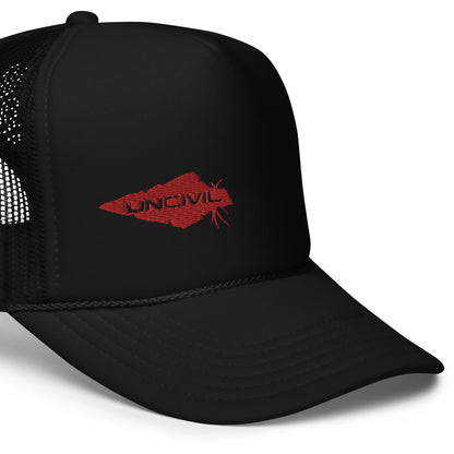 UNCIVIL Black foam trucker hat that has an adjustable snap that ensures a comfortable fit, and the mesh back provides great breathability. Featuring our UNCIVIL Logo in Red.