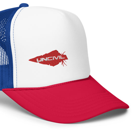 UNCIVIL Red, White, and Blue foam trucker hat that has an adjustable snap that ensures a comfortable fit, and the mesh back provides great breathability. Featuring our UNCIVIL Logo in Red.