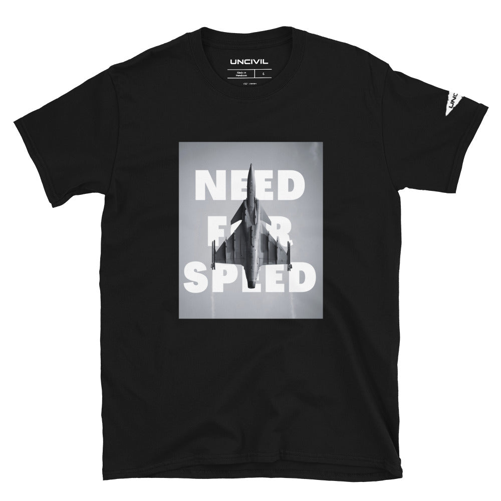 Our Need for Speed shirt features a graphic of a fighter jet.  Black unisex shirt.